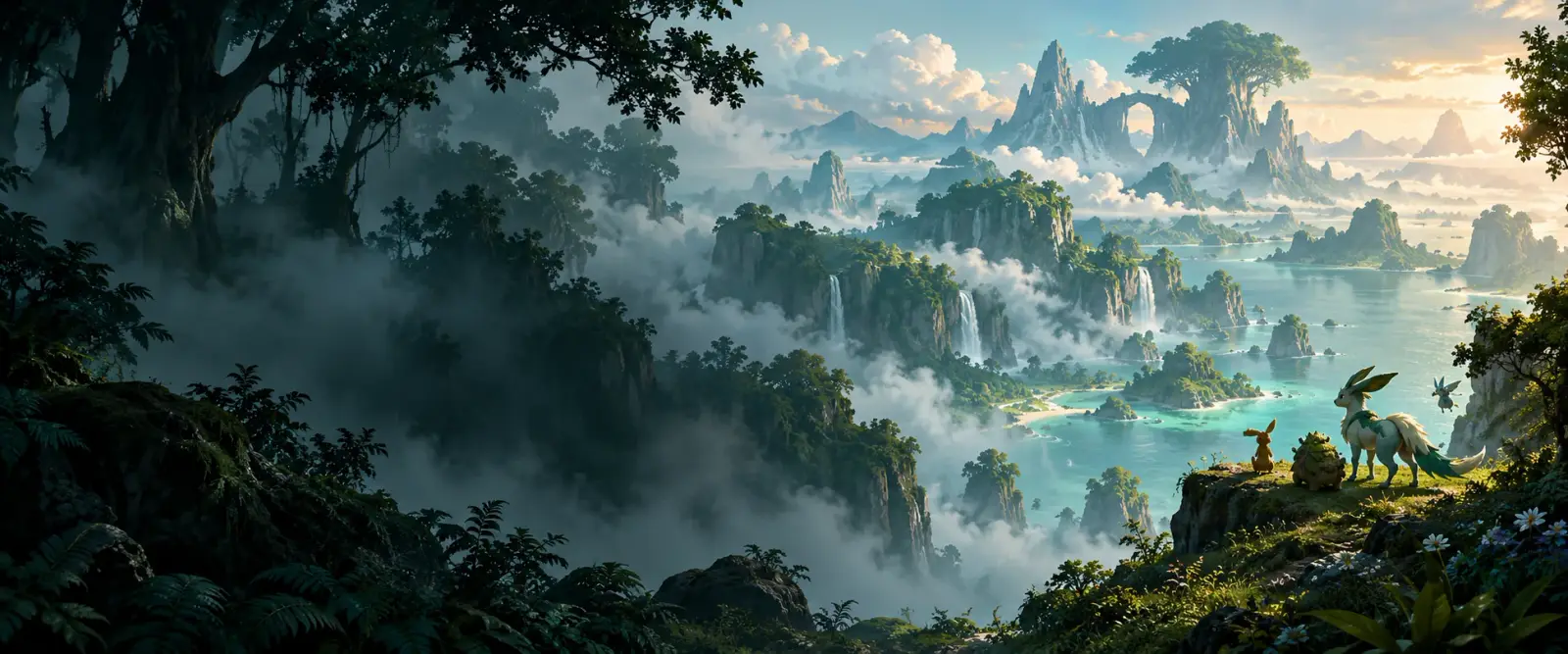 Original illustration of misty islands across a wild teal archipelago